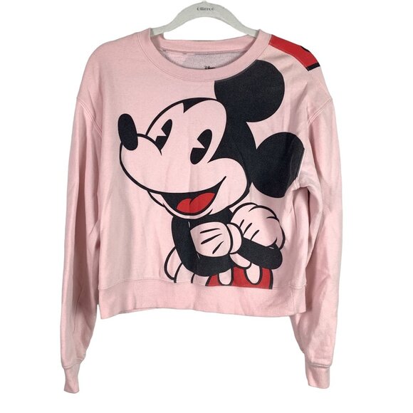 Disney Sweaters - 🟣🟣🟣 DISNEY Womens Size Medium Mickey Mouse Pink Graphic Cropped Crewneck Swea